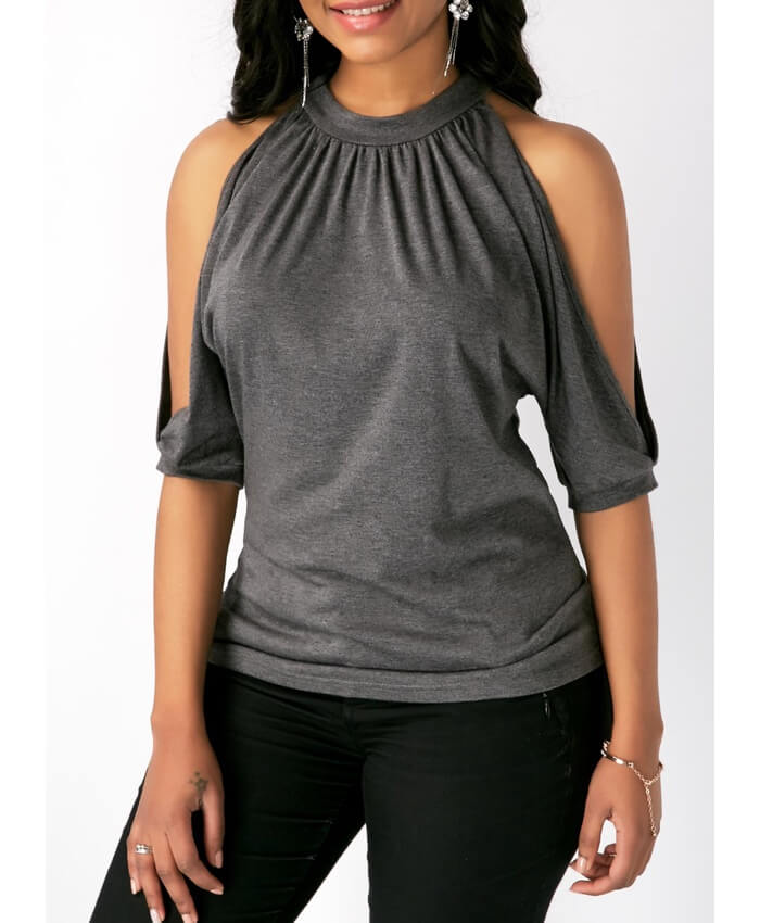 Tie Back Cold Shoulder Grey Blouse